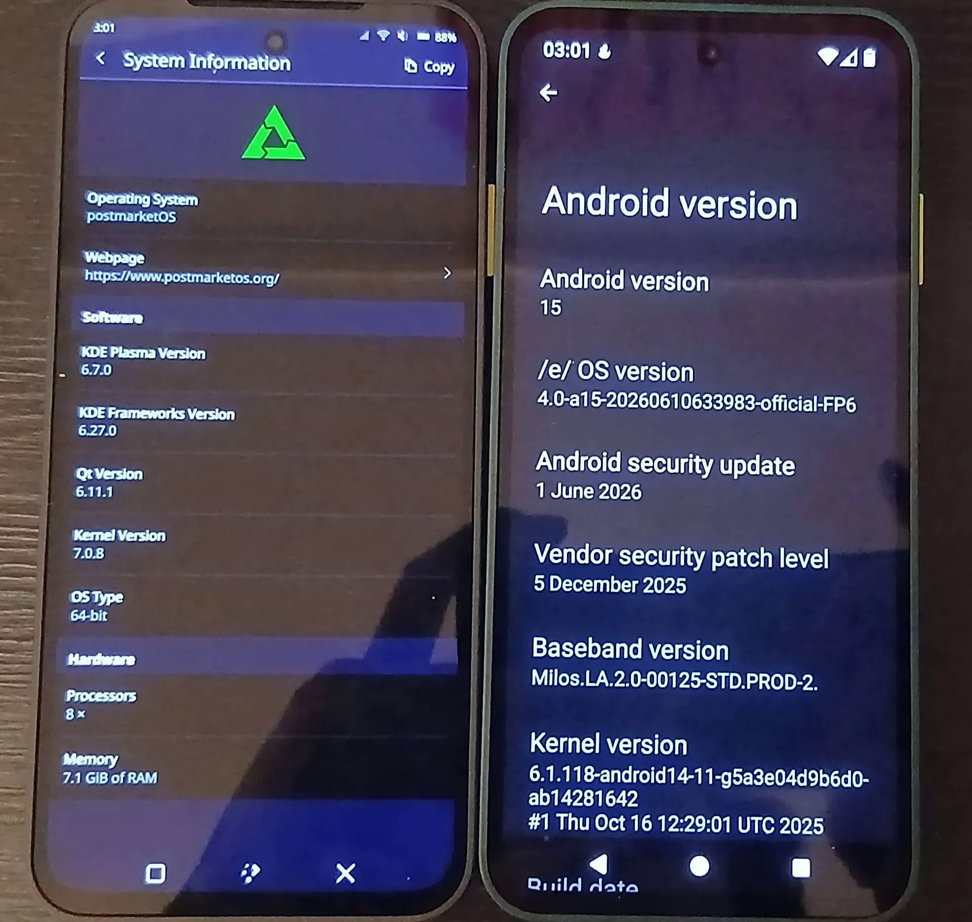 FP6 with PostmarketOS and e/OS side by side