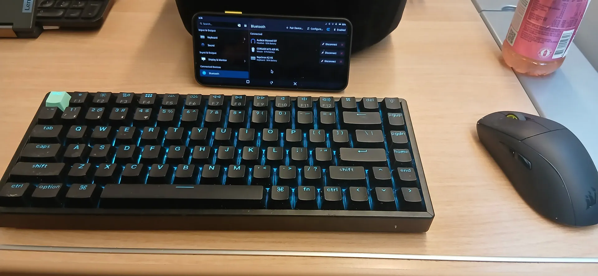 photo of a linux phone with a bluetooth keyboard and mouse